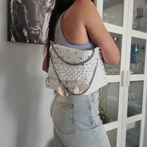 White Leather Studded Shoulder Bag with Rose Quartz Crystal And Pink Raw Opal